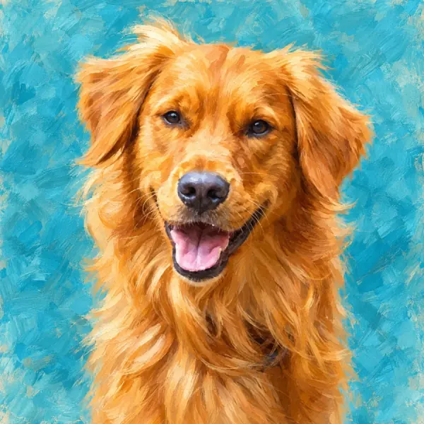 Painted portrait of the standing golden retriever