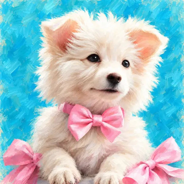 Painted portrait of a white puppy with pink bows