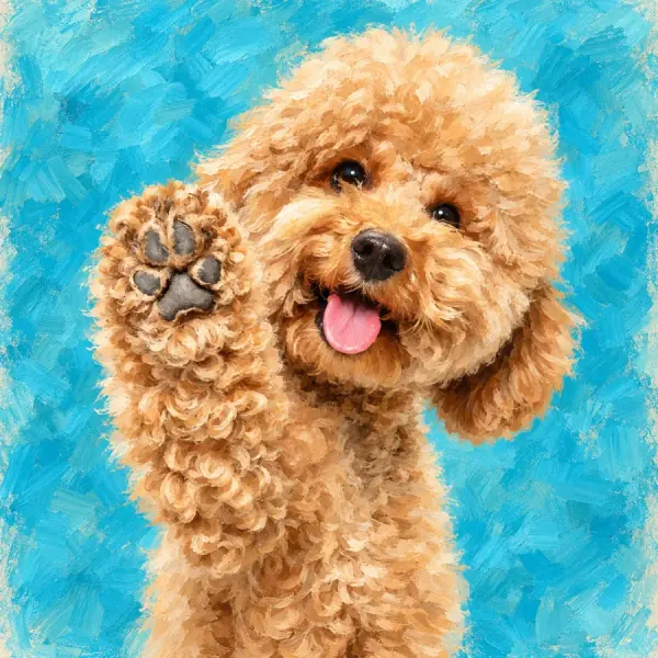 Painted portrait of a poodle waving a paw