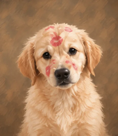 Painted portrait of a puppy with lipstick kisses on a warm brown background